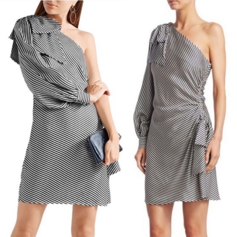 ZIMMERMANN Maples Bow One Shoulder Striped Mini Dress  Black Pearl Size US 4